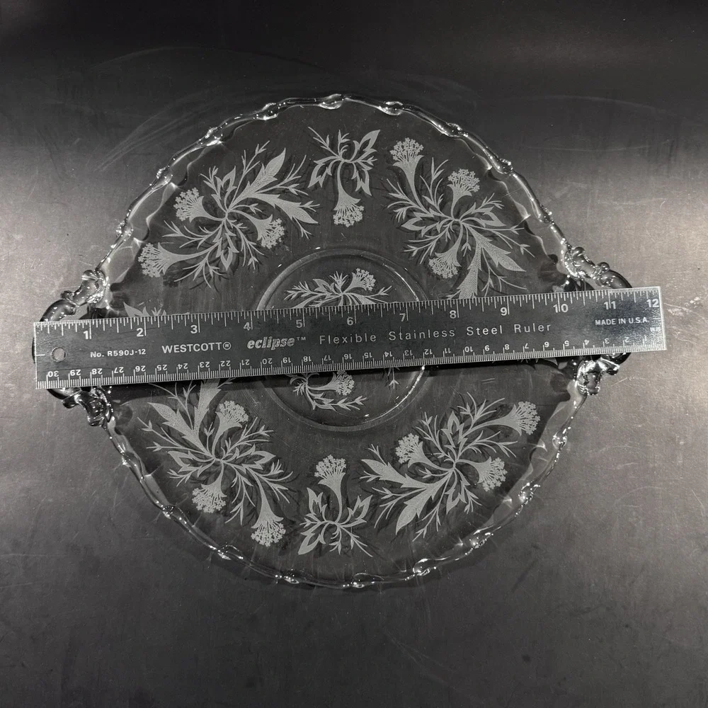Vintage 9' Pressed Glass Serving Plate w Handles Floral Pattern‎ Scalloped Edge
